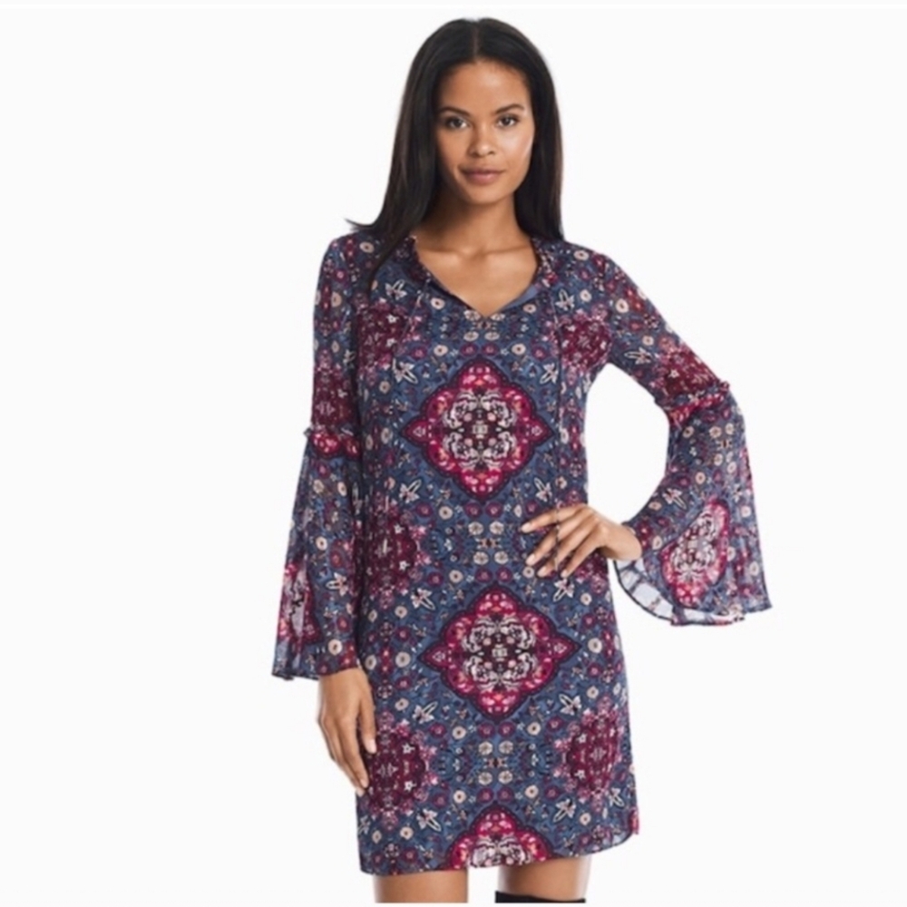 White House Black Market Patterned Long Sleeve Dress - Blue and Red - Picture 7 of 9